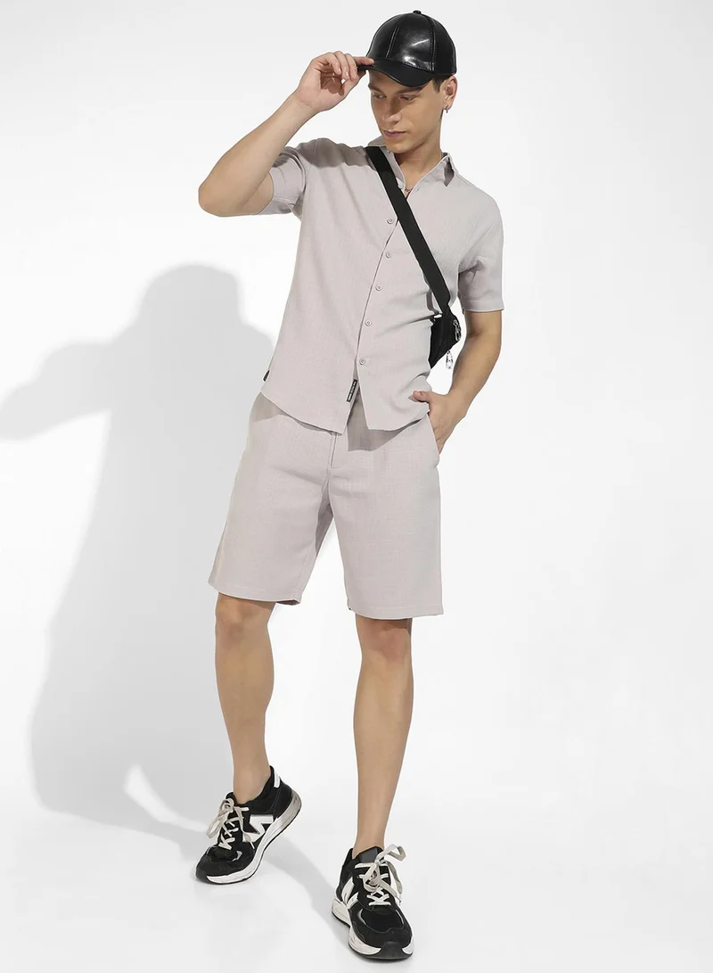 CAHOOT  Men's Beige Basic Textured Co-Ord Set For Casual Wear | Spread Collar | Short Sleeve | Button Closure | Cotton Co-Ords Crafted With Comfort Fit For Everyday Wear for Men | Best Price UAE